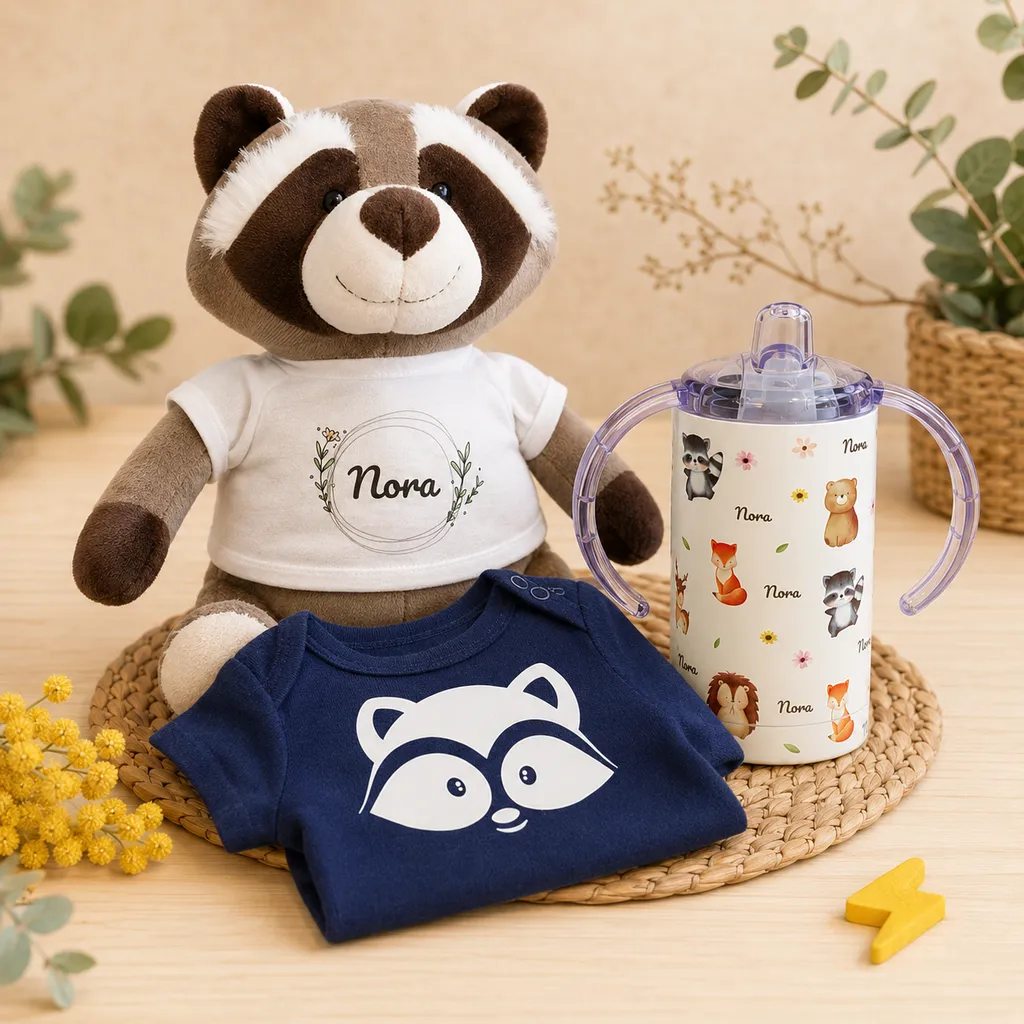 Dale Candela | Pack Personalizado Bebe Mapache Termo Body